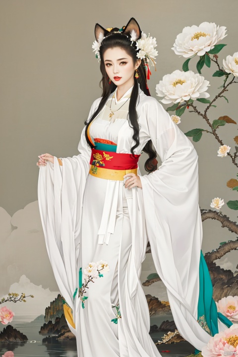 1girl, solo, long hair, breasts, looking at viewer, hair ornament, long sleeves, dress, animal ears, jewelry, very long hair, standing, flower, white hair, earrings, hair flower, wide sleeves, necklace, animal ear fluff, sash, chinese clothes, white flower, shawl, hanfu