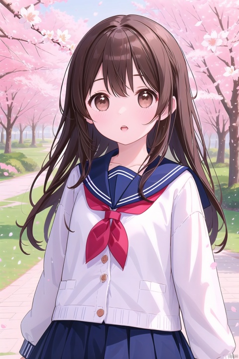  1girl, solo, long hair, looking at viewer, blush, open mouth, bangs, skirt, brown hair, shirt, long sleeves, brown eyes, school uniform, standing, upper body, flower, outdoors, parted lips, sky, serafuku, day, hand up, sailor collar, tree, blue sky, neckerchief, sleeves past wrists, petals, cardigan, blue sailor collar, cherry blossoms, red neckerchief, white cardigan, wmchahua, simple drawing, childpaiting, children