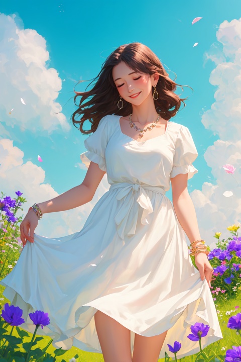 1girl, solo, long hair, smile, brown hair, dress, jewelry, closed mouth, standing, closed eyes, flower, short sleeves, earrings, outdoors, sky, day, cloud, necklace, white dress, bracelet, blue sky, petals, wind, skirt hold, purple flower