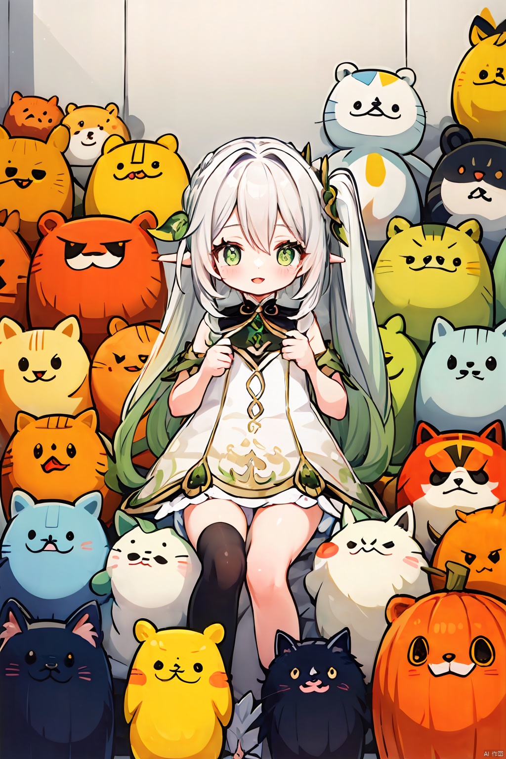 chick,too_many,stuffed_toy,stuffed_animal,stuffed_cat,:3,dog,hamster,teddy_bear,cat,ghost,bird,pokemon_\(creature\),kero,pumpkin,pikachu,jack-o'-lantern,bear,Kamado_Nezuko,WZRYbuzhihuowuYP,sailormoon,1girl,女帝,One piece, nahida