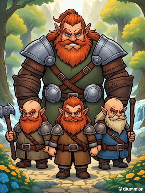 score_9, score_8_up, score_7_up, score_6_up, score_5_up, score_4_up score_9,score_8_up,Dwarves are a fictional character archetype that typically have short but robust bodies and are known for their incredible strength. Their skin color is usually gray or brown, and their hair is typically dark brown or auburn and short and stout. Dwarves' features are often rugged with prominent beards or goatees, which are considered indicative of their brawn and fighting prowess. They have dark-colored eyes and heightened vision due to their long periods of subterranean living.Dwarves typically wear heavy clothing and leather goods, which are made to be durable and protective during their mining and crafting processes. Their broad and powerful hands are highly regarded for their skilled craftsmanship, from building homes to the forging of weapons and armor.Generally, dwarves are known for their bravery and stubbornness. They value tradition, respect for the law, and family honor, which they take pride in. Overall, the dwarven archetype is widely used in culture to represent a variety of characters, including warriors, miners, craftsmen, and elites in various fields.The gentle sunshine and natural scenery under the sunlight: The sunshine is a source of vitality for life. It shines on all things in nature, makes all plants and trees full of vitality, and gives natural scenery a gentle and warm aesthetic.