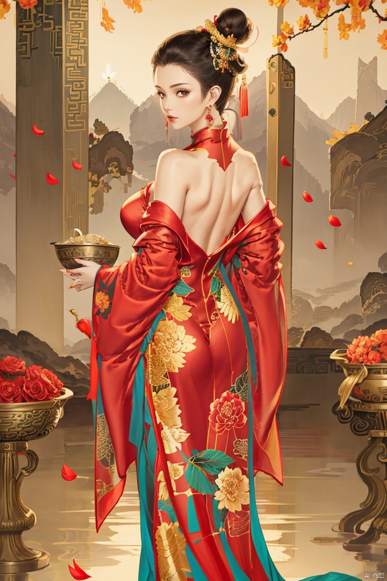  1girl, solo, breasts, looking at viewer, black hair, hair ornament, long sleeves, dress, holding, bare shoulders, jewelry, standing, full body, flower, earrings, looking back, off shoulder, hair bun, petals, leaf, back, chinese clothes, red dress, single hair bun, bowl, backless outfit, bare back, updo