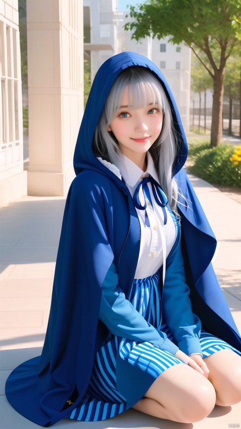  1girl, solo, long hair, looking at viewer, blush, smile, bangs, blue eyes, shirt, long sleeves, dress, ribbon, hair between eyes, sitting, very long hair, closed mouth, full body, white shirt, flower, white hair, barefoot, striped, collared shirt, hood, water, cape, petals, black ribbon, neck ribbon, blue dress, wariza, white flower, cloak, vertical stripes, hood up, yellow flower, striped dress, hooded cloak, vertical-striped dress, hooded cape