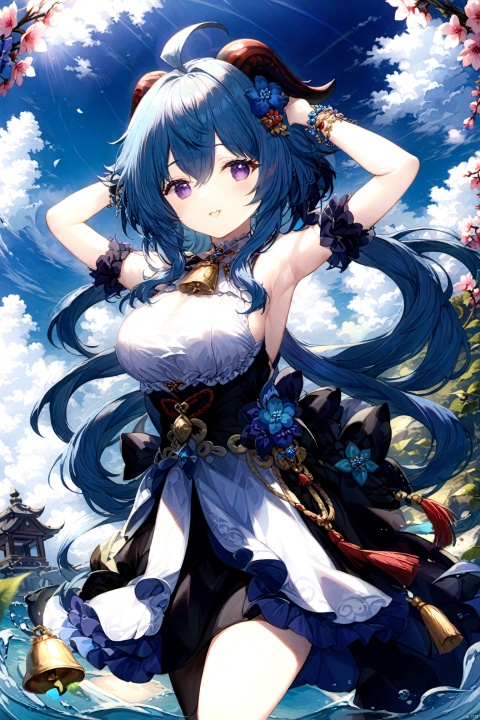  The subject is a single female character with long hair, noticeable breasts, and an engaging gaze towards the viewer. She has a pleasant smile with her mouth slightly open. Her hairstyle includes bangs and sidelocks, complementing her elegant dress adorned with jewelry. She possesses medium-sized breasts and distinctive blue hair that beautifully contrasts with her purple eyes. A flower accessory adorns her head along with an ahoge. The scene takes place outdoors under a sky filled with clouds, where she gracefully raises her arms showcasing delicate bracelets against the backdrop of a serene blue sky. A bell necklace hangs around her neck while she stands in shallow water surrounded by frills and horns. Additionally, she wears an alternate costume featuring tassels and holds a blue flower called "Vision" from the game Genshin Impact, representing the character named Ganyu., (gan yu)