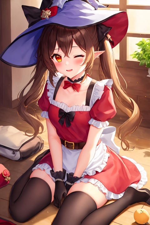 1girl, long hair, looking at viewer, blush, bangs, multiple girls, thighhighs, gloves, hat, dress, bow, ribbon, holding, 2girls, hair between eyes, twintails, sitting, full body, ahoge, short sleeves, hair bow, sidelocks, frills, one eye closed, solo focus, alternate costume, choker, pointy ears, black gloves, belt, indoors, bag, blurry, apron, red bow, zettai ryouiki, orange eyes, book, witch hat, depth of field, pov, low twintails, wariza, red dress, light brown hair, red headwear, out of frame, hat ornament, pov hands, hands on another's face, clover print, hands on another's cheeks, cheek squash, cheek press, klee \(genshin impact\), dodoco \(genshin impact\), jumpy dumpty
