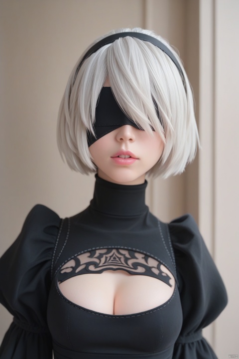  score_9, score_8_up, score_7_up, best quality, masterpiece,realistic, 1girl, solo, blindfold, yorha no. 2 type b, black blindfold, upper body, puffy sleeves, dress, short hair, white hair, black dress, juliet sleeves, hairband, breasts, cleavage cutout, long sleeves, parted lips, turtleneck, clothing cutout, black hairband, medium breasts, covered eyes, mole under mouth, mole, lips, pink lips, nose, facing viewer, hair over eyes, teeth