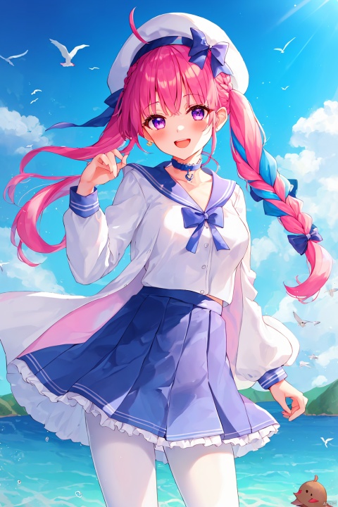 1girl, solo, long hair, breasts, looking at viewer, blush, smile, open mouth, bangs, skirt, shirt, hair ornament, long sleeves, hat, bow, ribbon, twintails, medium breasts, blue hair, standing, purple eyes, jacket, white shirt, pink hair, braid, flower, ahoge, pantyhose, multicolored hair, pleated skirt, hairband, outdoors, frills, open clothes, sky, choker, day, cloud, virtual youtuber, hand up, sailor collar, twin braids, two-tone hair, blue sky, blue skirt, bird, blue bow, white jacket, suspenders, blue sailor collar, white pantyhose, high-waist skirt, railing, watercraft, blue hairband, anchor hair ornament, seagull, frilled sailor collar, minato aqua