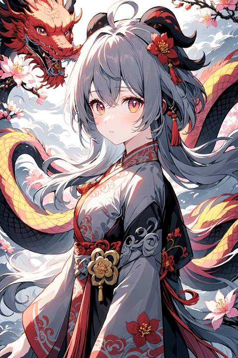  masterpiece, best quality, 1girl, wear pink chinese traditional hanfu,floral print,pink dragon on the left side behind,super detailed,8K,wallpaper,illustration,red and grey black illustration,intricate details,clear lines,bright and soft light, (\lei dian jiang jun\), (gan yu)