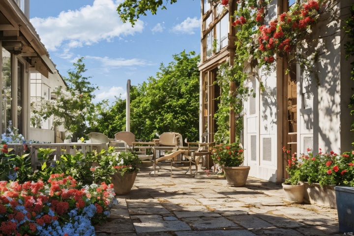  Villa, lots of blooming roses, outdoor, sky, sky, clouds, trees, blue sky, no people, leaves, chairs, grass, plants, red flowers, architecture, landscape, doors, potted plants, shrubs, house, garden, HD, 16k, garden design