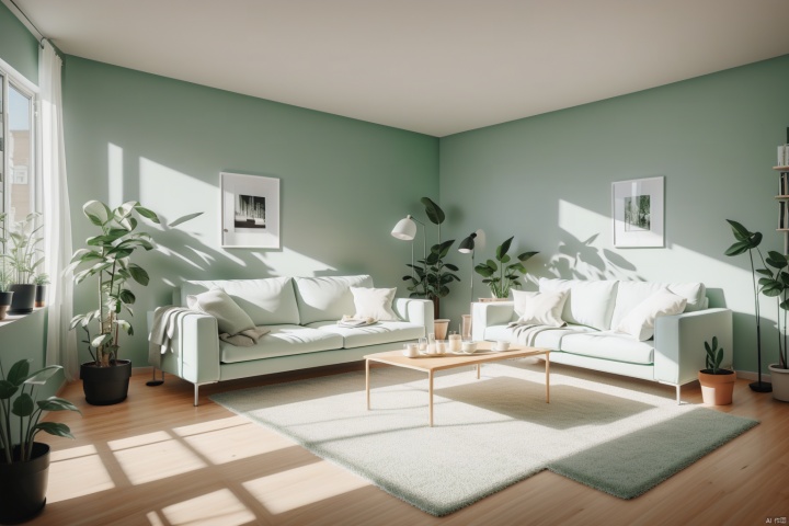  Interior design, couch, Potted plant, Coffee table, Light green wall, Ikea style, True light and shadow, UHD, high details, best quality, 4K,花
