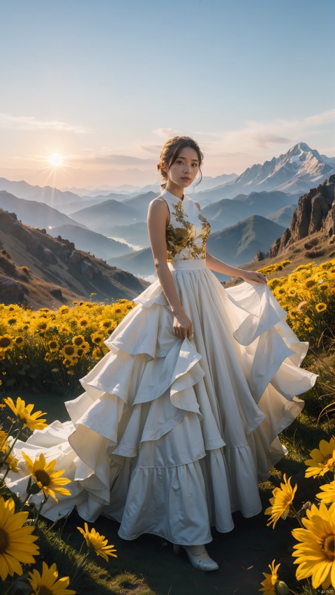  a girl,Mountain, nature, no one, outdoors, scenery, sky, sunset, sunshine, golden mountain, high-definition, 32k, flowing skirts,Giant flowers, huaqiang
