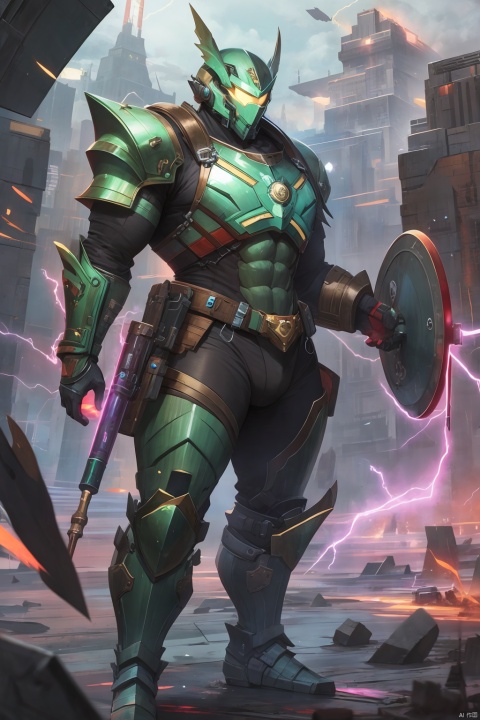  solo, 1boy, male focus, armor, muscular, colored skin, abs, science fiction, shield, electricity, giant, green skin, damaged, power armor