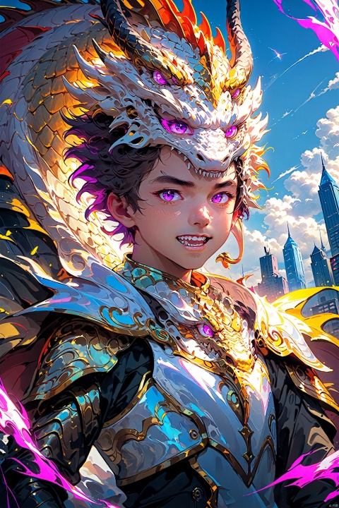  the poster of the anime character with an horned head, in the style of neon lights, futurism, handsome, i can't believe how beautiful this is, 2d game art, white, fantasy characters, Anime style, mlonggwang
solo, 1boy, purple eyes, male focus, outdoors, sky, teeth, armor, no humans, glowing, sharp teeth, building, science fiction, monster, city, dragon, lbbao