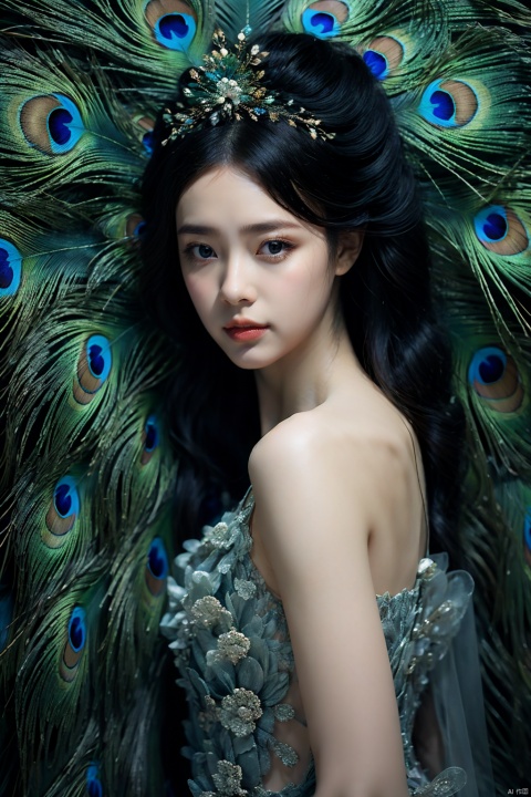  sdmai,Peacock style, 1girl, solo, flower, black hair, long hair, looking at viewer, realistic, hair flower, dress, hair ornament, lips,真实