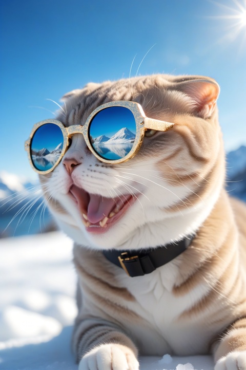  A bunch of Scottish fold cats in stylish sunglasses, surprised, cute, laughing, outdoors, sky, day, blue sky, no humans, scenery, snow, reflection, ice, mountain, motion blur, lake, frozen, particles, feicuixl, Anime style, monkren, x-ray, daxiushan