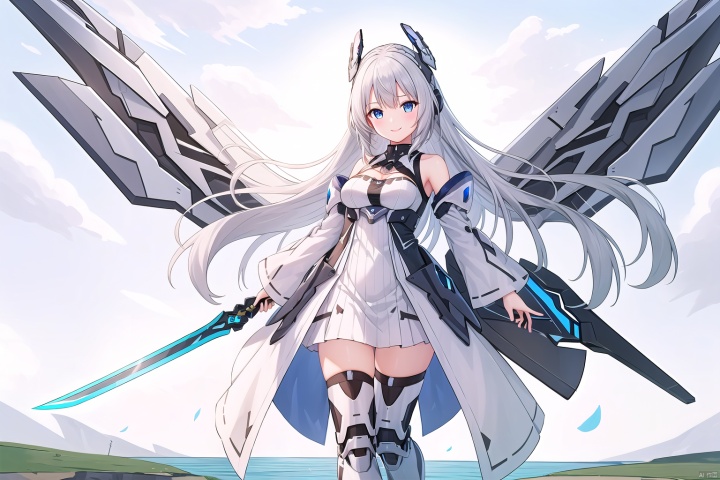 1girl, solo, long hair, breasts, looking at viewer, smile, bangs, blue eyes, thighhighs, dress, bare shoulders, medium breasts, full body, weapon, white hair, boots, outdoors, detached sleeves, wings, sky, day, sword, cloud, water, white dress, armor, zettai ryouiki, petals, floating hair, headgear, cloudy sky, floating, reflection, armored boots, mecha musume, mechanical wings