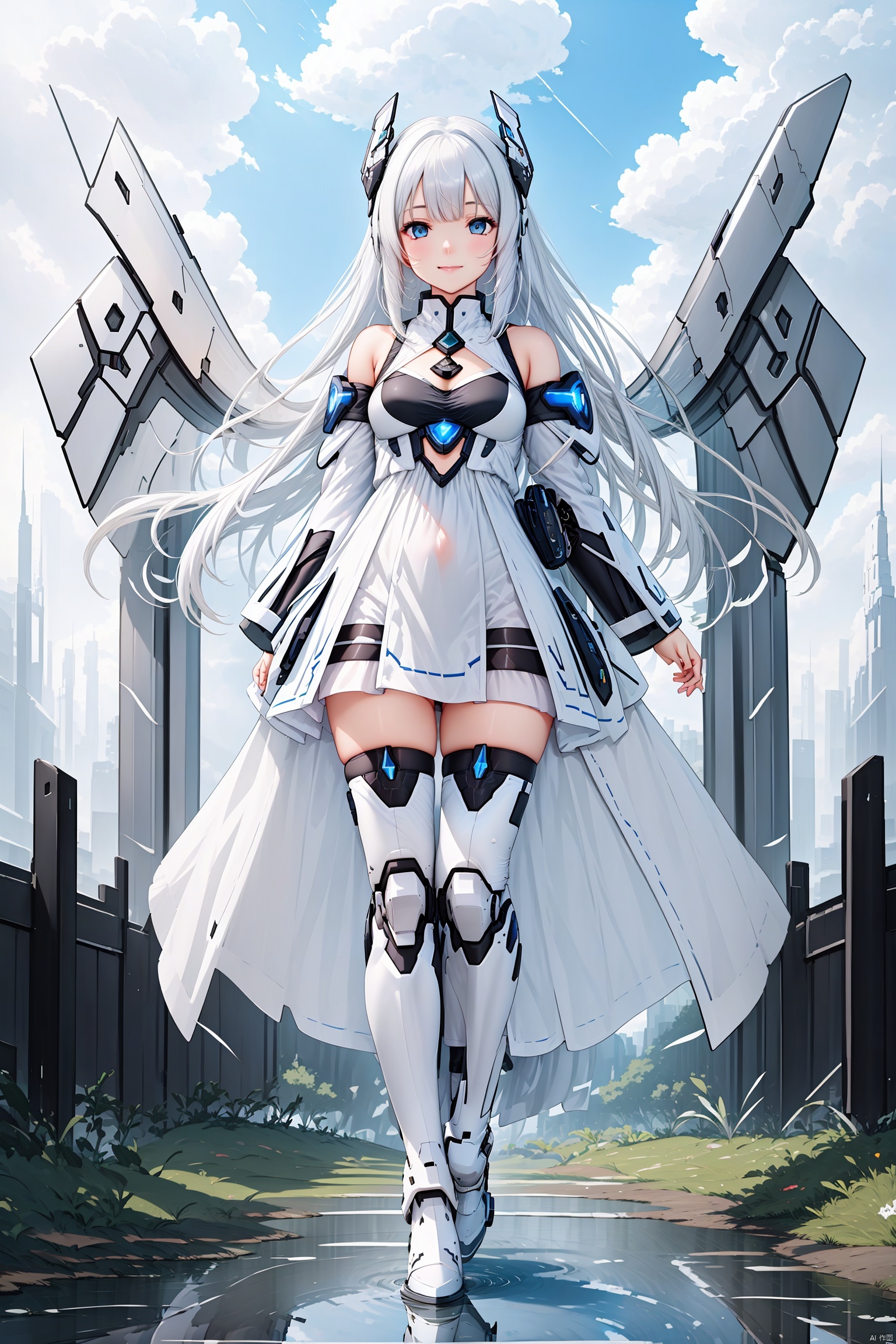  1girl, solo, long hair, breasts, looking at viewer, smile, bangs, blue eyes, thighhighs, dress, bare shoulders, medium breasts, full body, weapon, white hair, boots, outdoors, detached sleeves, wings, sky, day, sword, cloud, water, white dress, armor, zettai ryouiki, petals, floating hair, headgear, cloudy sky, floating, reflection, armored boots, mecha musume, mechanical wings