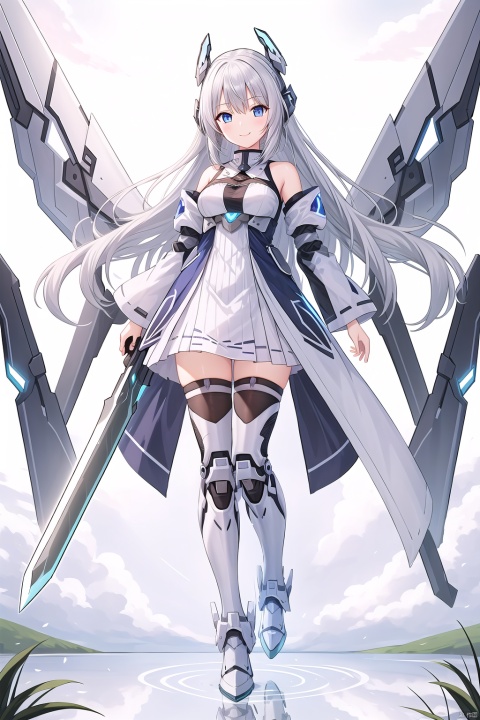  1girl, solo, long hair, breasts, looking at viewer, smile, bangs, blue eyes, thighhighs, dress, bare shoulders, medium breasts, full body, weapon, white hair, boots, outdoors, detached sleeves, wings, sky, day, sword, cloud, water, white dress, armor, zettai ryouiki, petals, floating hair, headgear, cloudy sky, floating, reflection, armored boots, mecha musume, mechanical wings