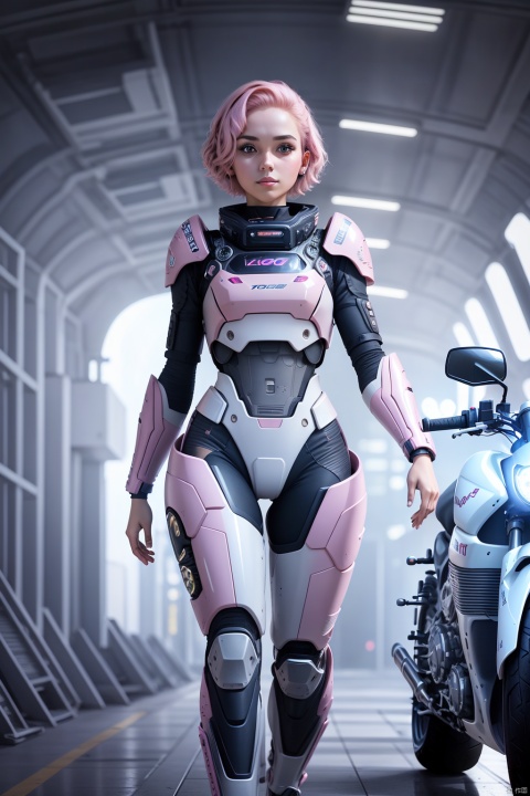  1girl, solo, looking at viewer, short hair,（ Pink eyes：1.8）, full body, pink hair, armor, lips, bodysuit, science fiction, hologram, HD,32k,Motorcycle