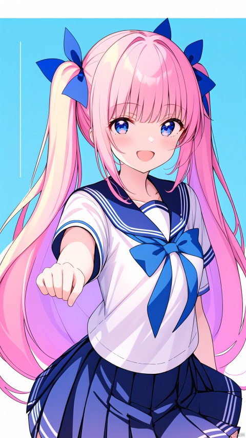  1girl, solo, long hair, looking at viewer, smile, open mouth, bangs, blue eyes, skirt, blonde hair, shirt, bow, holding, twintails, very long hair, school uniform, blue hair, pink hair, short sleeves, hair bow, multicolored hair, pleated skirt, one eye closed, serafuku, sailor collar, nail polish, blue bow, ;d, blue shirt, pointing, microphone, pink nails, holding microphone, pointing at viewer, quad tails, screen, masterpiece