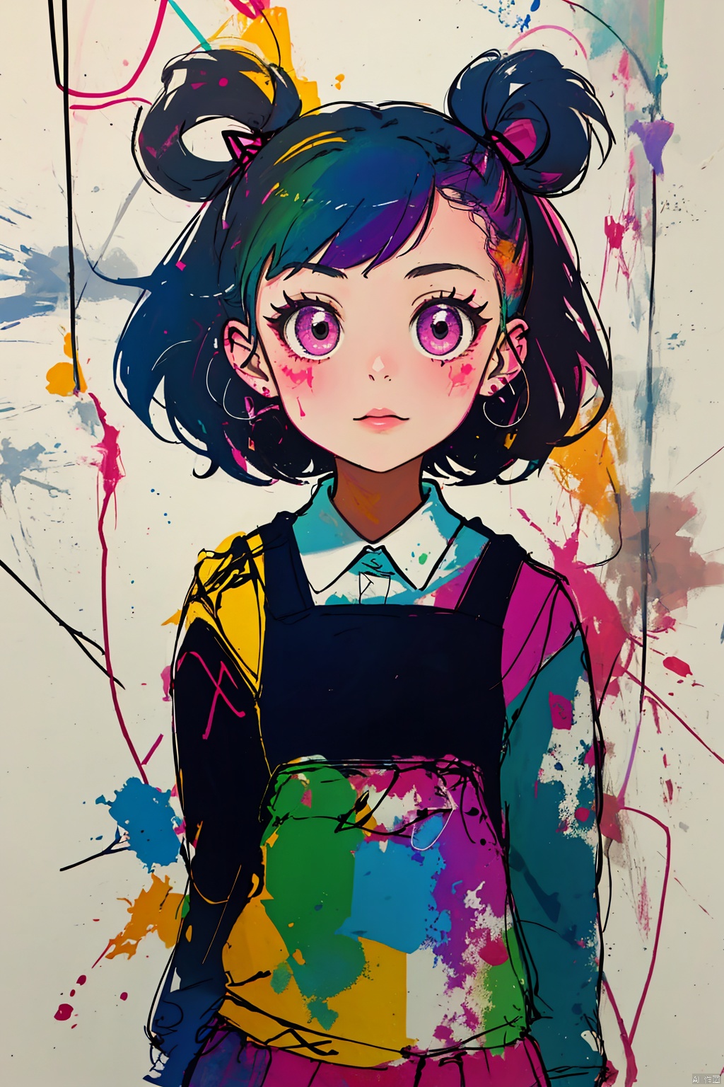  A girl,solo,cute,lines,rainbow colors,colored spray paint,colored inkdrops,,