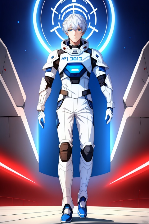  1 boy, blue eyes, white hair, red space suit, (bust: 1.3), dynamic pose, HD, 32k, (Masterpiece: 1.5), magazine cover