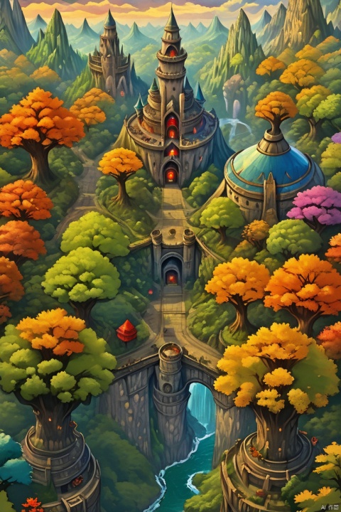(best quality, masterpiece), hyper realistic and highly detailed, magic forest, mage tower, majestic, spectacular, mysterious, fantasy, rich colors, oil painting style, ultra-wide angle lens, 