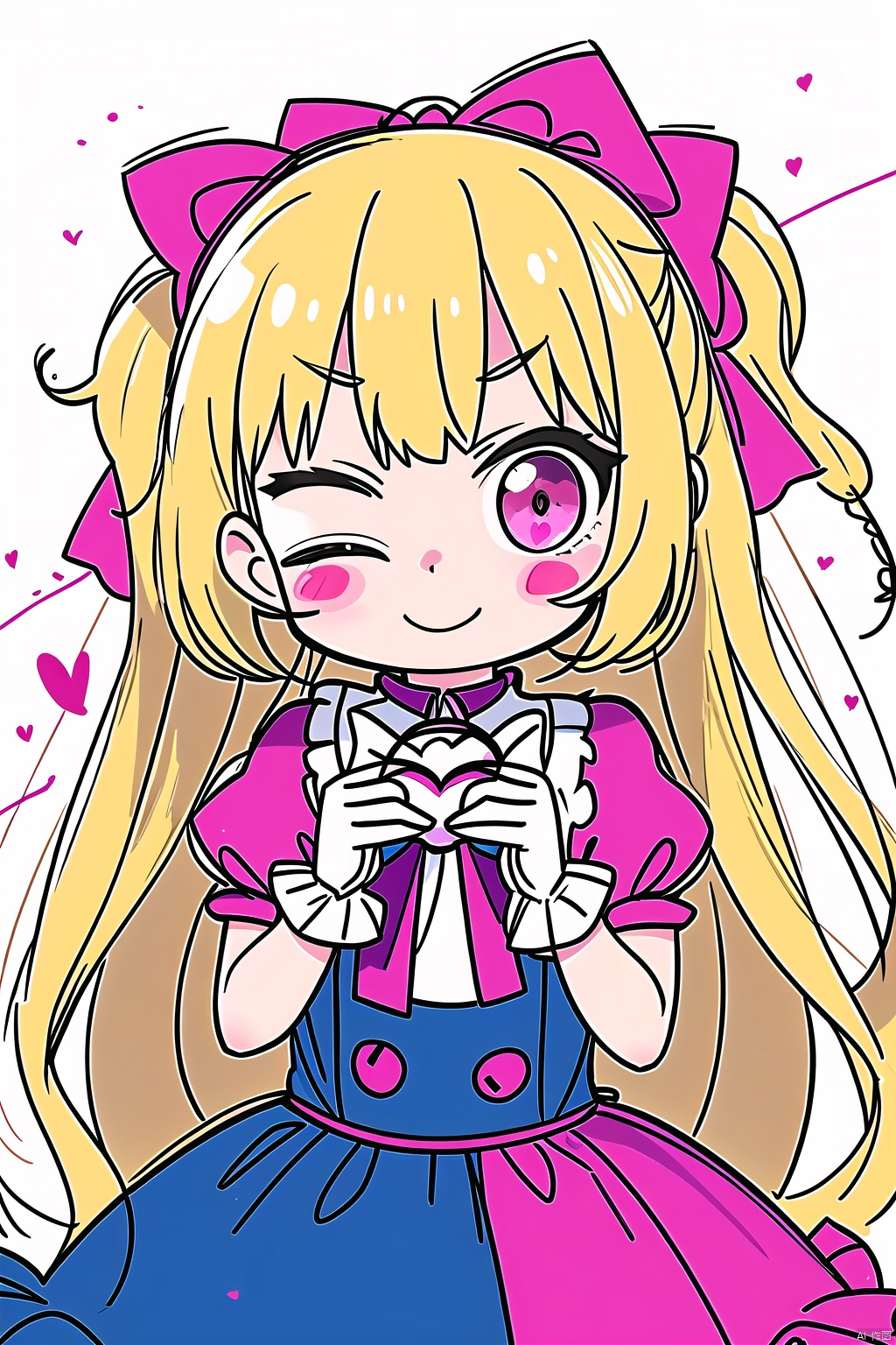  1girl, artist_name, balloon, bangs, blonde_hair, blush, bow, closed_mouth, dress, eyebrows_visible_through_hair, frills, gloves, heart, heart_balloon, heart_pillow, holding, long_hair, looking_at_viewer, one_eye_closed, pink_bow, simple_background, smile, solo, very_long_hair, white_background, masterpiece, Cluttered lines