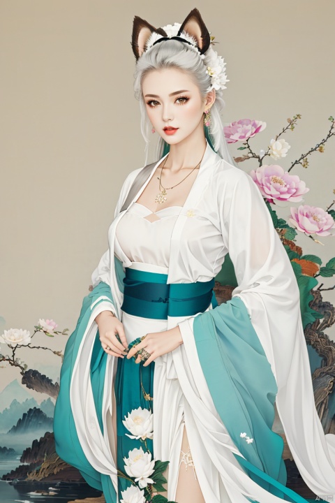  1girl, solo, long hair, breasts, looking at viewer, hair ornament, long sleeves, dress, animal ears, jewelry, very long hair, standing, flower, white hair, earrings, hair flower, wide sleeves, necklace, animal ear fluff, sash, chinese clothes, white flower, shawl, hanfu
