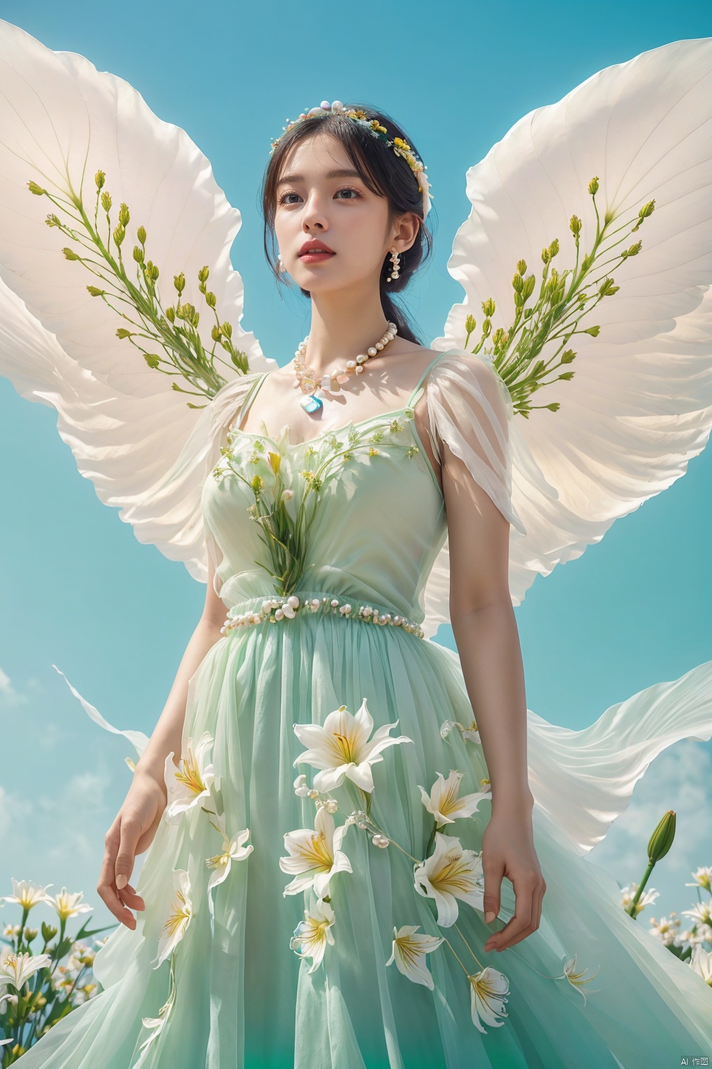  Quality, 8K, extremely intricate details, 1 girl, Lolita, gradient color, careful eyes, transparent wings, gradient art, in the flowers, (huge lily :1.1), sky, (White cloud :0.9), full lens, necklace, pearls and jewelry, 1 girl, flowing dress, light green dress, huge flowers, wide Angle, hdr, sd_mai