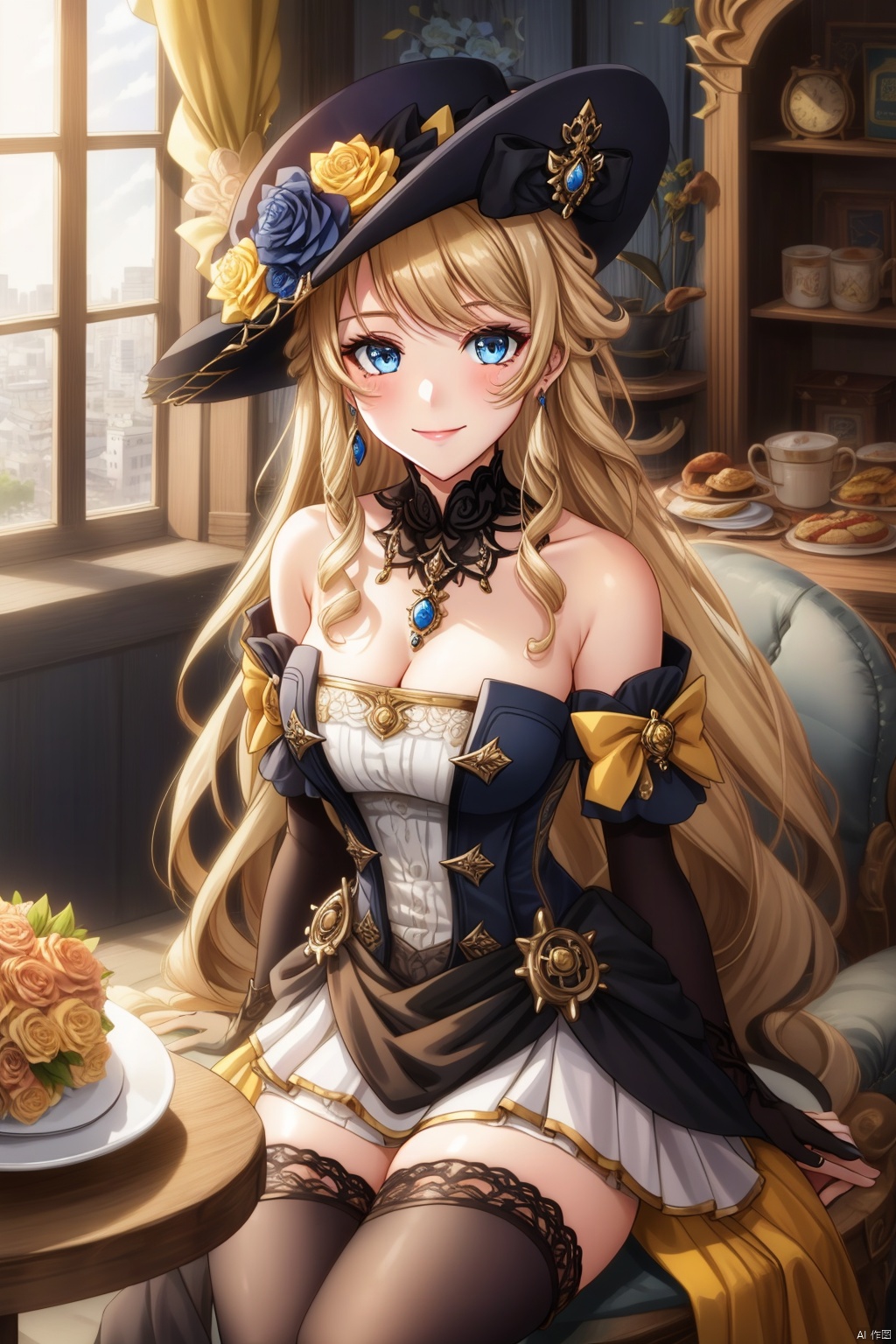  1girl, solo, long hair, breasts, looking at viewer, blush, smile, bangs, blue eyes, blonde hair, large breasts, thighhighs, gloves, hat, dress, cleavage, bare shoulders, jewelry, medium breasts, sitting, very long hair, closed mouth, collarbone, flower, earrings, food, black gloves, elbow gloves, black thighhighs, indoors, white dress, zettai ryouiki, book, window, black headwear, rose, table, hat flower