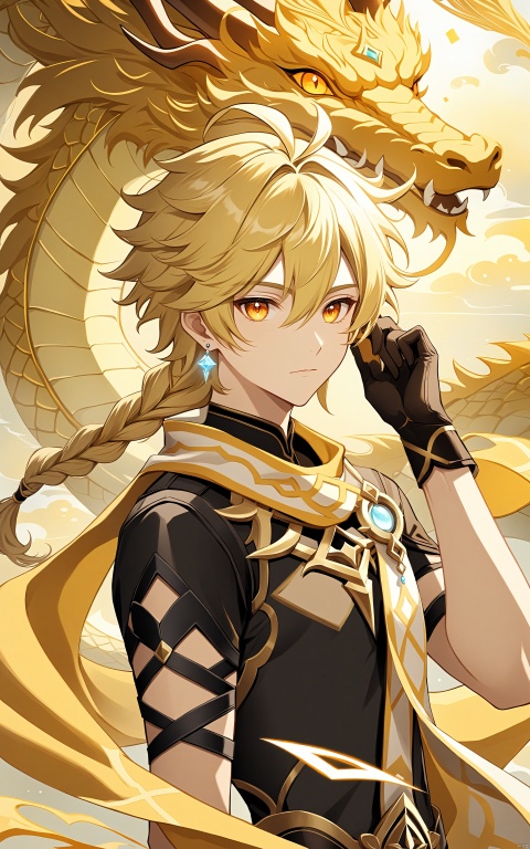  solo, long hair, looking at viewer, bangs, blonde hair, shirt, gloves, 1boy, hair between eyes, jewelry, closed mouth, yellow eyes, upper body, braid, ahoge, short sleeves, male focus, earrings, horns, scarf, orange eyes, black shirt, single braid, dragon, eastern dragon, aether \(genshin impact\)