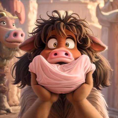  Pig head, furry, cute, big eyes, surprised, depth of field, Disney style, animation