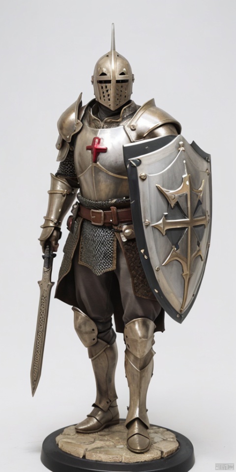  solo, simple background, white background,
 A shield shaped like a pentagram,Black armor
holding, standing, full body, male focus, belt, armor, helmet,Golden Shield, tabard, knight, full armor, holding shield, chainmail,Shield defense,cross, Shield, Sculpted Hand-Painted Figure,ruby,