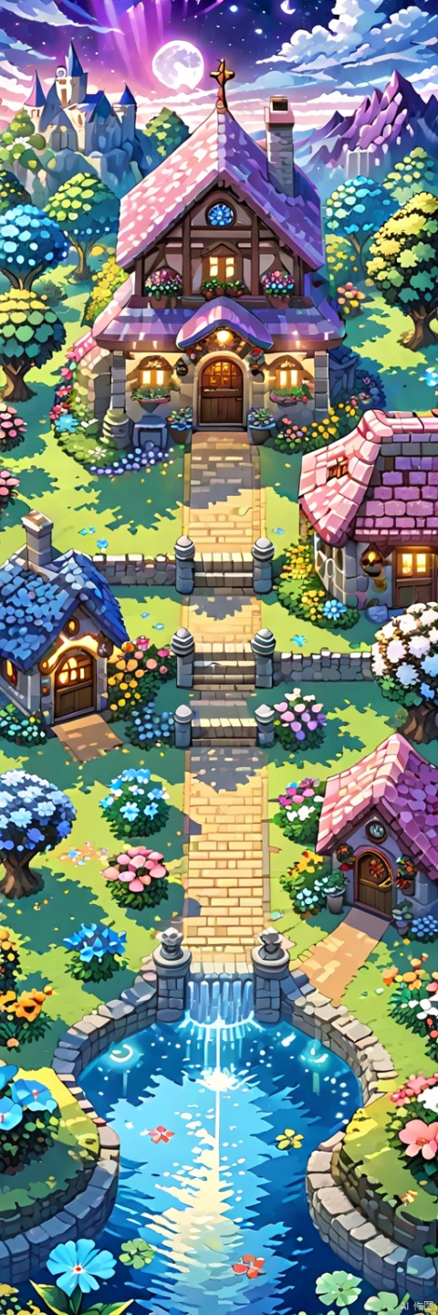  A vibrant, enchanted garden with a variety of magical flora glowing under the moonlight, with a quaint stone cottage in the background., illustration, 3d, cartoon,high resolution, high quality, detailed, masterpiece, hdr, sharp,[Pixel Art style],[ abbe bi style], amazing, beautiful, breathtaking, astonishing, brilliant, incredible,