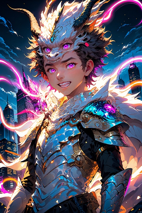  the poster of the anime character with an horned head, in the style of neon lights, futurism, handsome, i can't believe how beautiful this is, 2d game art, white, fantasy characters, Anime style, mlonggwang
solo, 1boy, purple eyes, male focus, outdoors, sky, teeth, armor, no humans, glowing, sharp teeth, building, science fiction, monster, city, dragon, lbbao