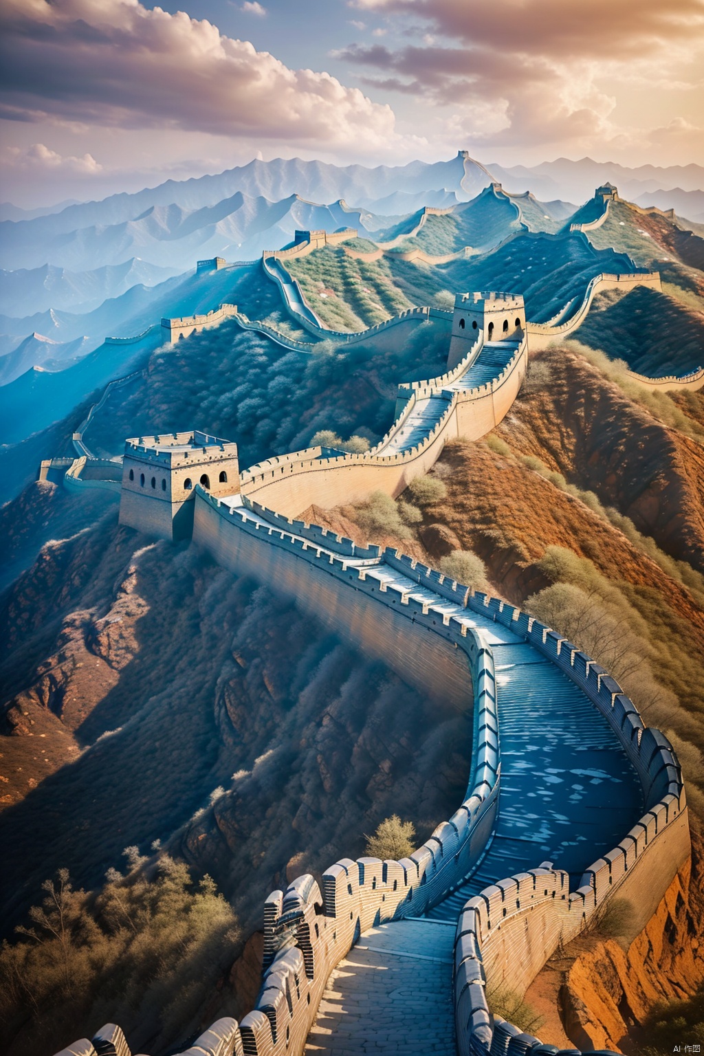  A breathtaking masterpiece featuring the stunning beauty of the Great Wall of China in an 8k resolution. The image showcases the intricate details and complexity of this ancient architectural wonder. The scene is bathed in vibrant colors, with a vibrant red dominating the composition, symbolizing the rich cultural heritage of China. Towering mountains serve as a majestic backdrop, accentuating the grandeur of the Great Wall. Lush trees dot the landscape, adding a touch of serenity to the scene. The sky is adorned with fluffy, white clouds, hinting at a calm and peaceful day. The image is rendered with the utmost precision and clarity, capturing every minutiae of the Great Wall and its surroundings. The scene is bathed in natural sunlight, casting a warm, golden glow on the entire composition, enhancing the overall visual appeal.

, Wide angle,hdr