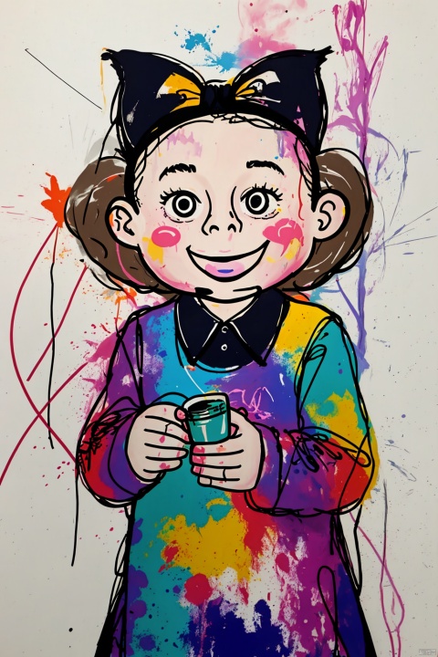  A girl,solo,cute,lines,rainbow colors,colored spray paint,colored inkdrops,, children, 1girl, simple drawing