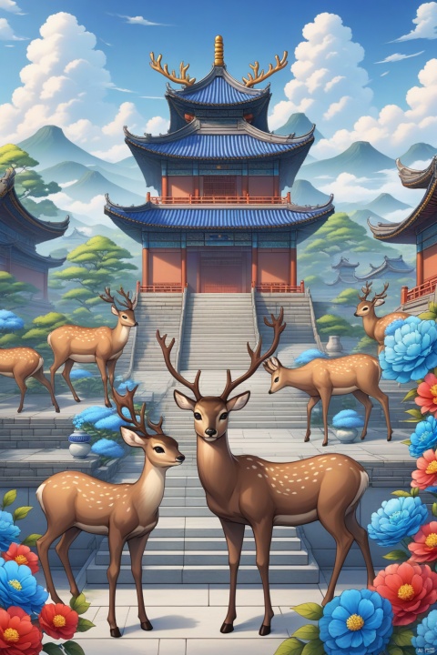 flower, sky, cloud, no humans, animal, scenery, blue flower, antlers, architecture, east asian architecture, deer