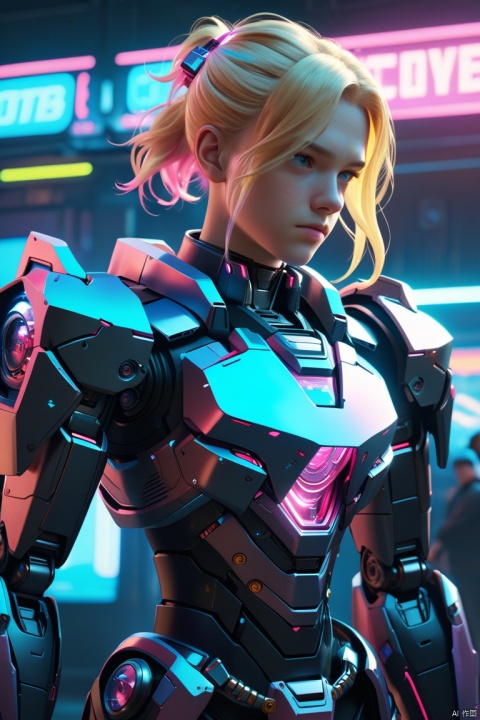 pink and blue holographic colors,cartoon rendering,cinematic shot,best quality,masterpiece,realistic,1boy,beautiful,black armour,mecha,cyberpunk,blonde hair,