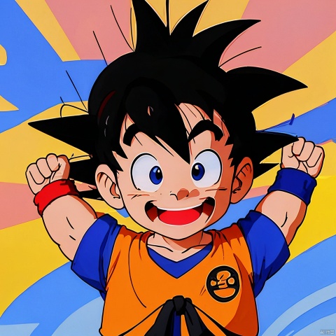  wristband, black eyes, son goku, smile, open mouth, happy, :d, clenched hands, shirt, solo, fingernails, male focus, upper body, arms at sides, dot nose