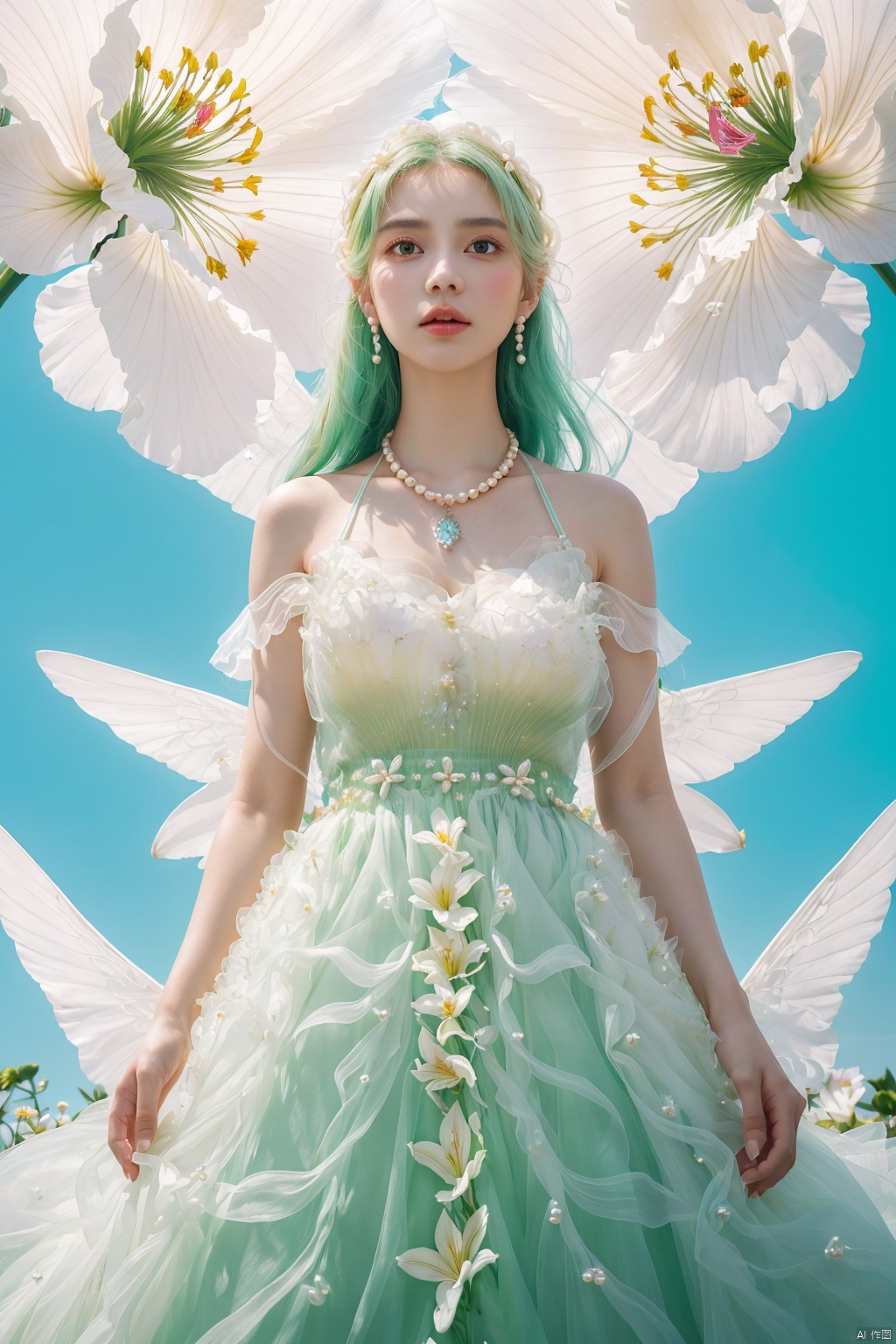  Quality, 8K, extremely intricate details, 1 girl, Lolita, gradient color, careful eyes, transparent wings, gradient art, in the flowers, (huge lily :1.1), sky, (White cloud :0.9), full lens, necklace, pearls and jewelry, 1 girl, flowing dress, light green dress, huge flowers, wide Angle, hdr