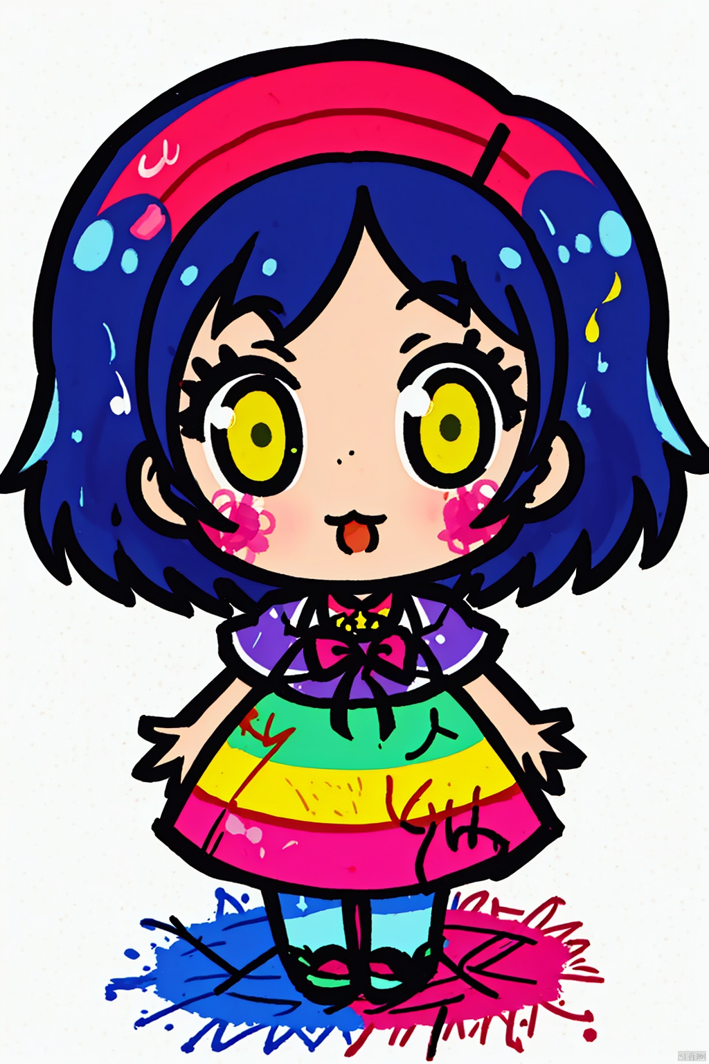  A girl,solo,cute,lines,rainbow colors,colored spray paint,colored inkdrops,, children, 1girl, simple drawing, concept art, chibi