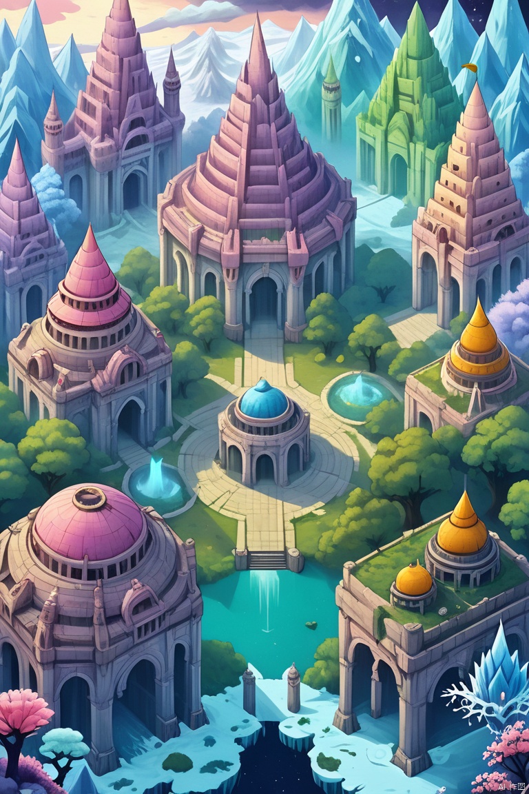 A once-great palace, now in ruins, lies frozen beneath the ice, its crumbling towers a testament to the power of nature. The scene depicts a surreal landscape, filled with otherworldly creatures and plants that radiate an ethereal glow. The atmosphere is peaceful and serene, as if the palace is a sanctuary from the chaos of the world outside.

