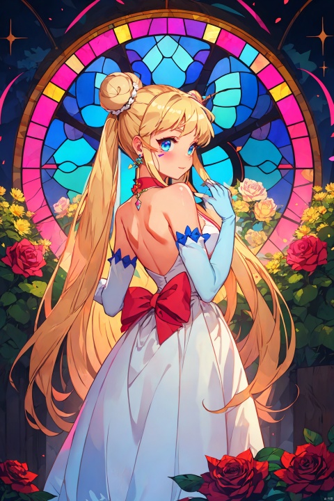   blue_flower,blue_rose,pink_rose,purple_rose,red_rose,rose,white_rose,tsukino_usagi,black_rose,double_bun,flower,1girl,crescent,yellow_rose,pink_flower,thorns,crescent_facial_mark,blonde_hair,black_flower,rose_petals,gloves,crescent_moon,bow,squiggle,spoken_squiggle,princess_serenity,white_gloves,purple_flower,green_flower,dress,elbow_gloves,facial_mark,solo,rose_print,back_bow,white_flower,earrings,twintails,blue_eyes,very_long_hair,venus_symbol,forehead_mark,red_flower,jewelry,moon,Rose window, Tacoma art glass