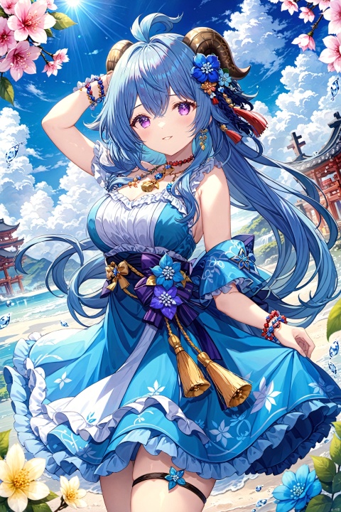  The subject is a single female character with long hair, noticeable breasts, and an engaging gaze towards the viewer. She has a pleasant smile with her mouth slightly open. Her hairstyle includes bangs and sidelocks, complementing her elegant dress adorned with jewelry. She possesses medium-sized breasts and distinctive blue hair that beautifully contrasts with her purple eyes. A flower accessory adorns her head along with an ahoge. The scene takes place outdoors under a sky filled with clouds, where she gracefully raises her arms showcasing delicate bracelets against the backdrop of a serene blue sky. A bell necklace hangs around her neck while she stands in shallow water surrounded by frills and horns. Additionally, she wears an alternate costume featuring tassels and holds a blue flower called "Vision" from the game Genshin Impact, representing the character named Ganyu.