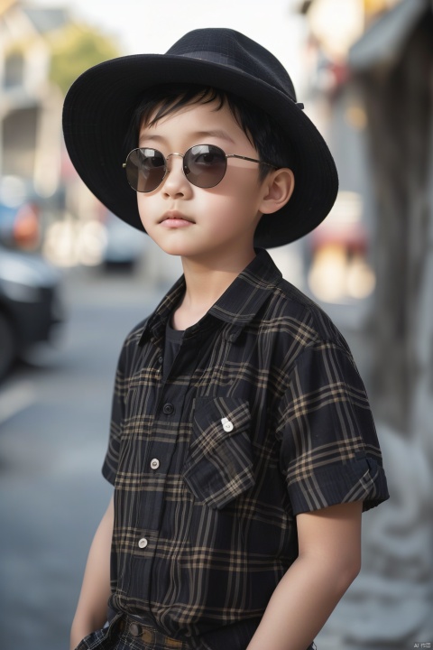  Real, photo, 10 year old, single, looking at the audience, plaid shirt, black hair, boy, hat, Fashion shirt, top, short sleeve, Male focus, outdoor, day, blur, plaid, blur background, sunglasses, Reality, plaid shirt