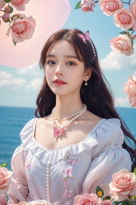  quality, 8K, extremely complex details, 1girl, lolita, careful eyes, looking_at_viewer, butterfly, gradient art, in the flower cluster, (rose:1.1), sky, (white cloud:0.9), full_shot, necklace, pearls andjewels, , 1girl, moyou
