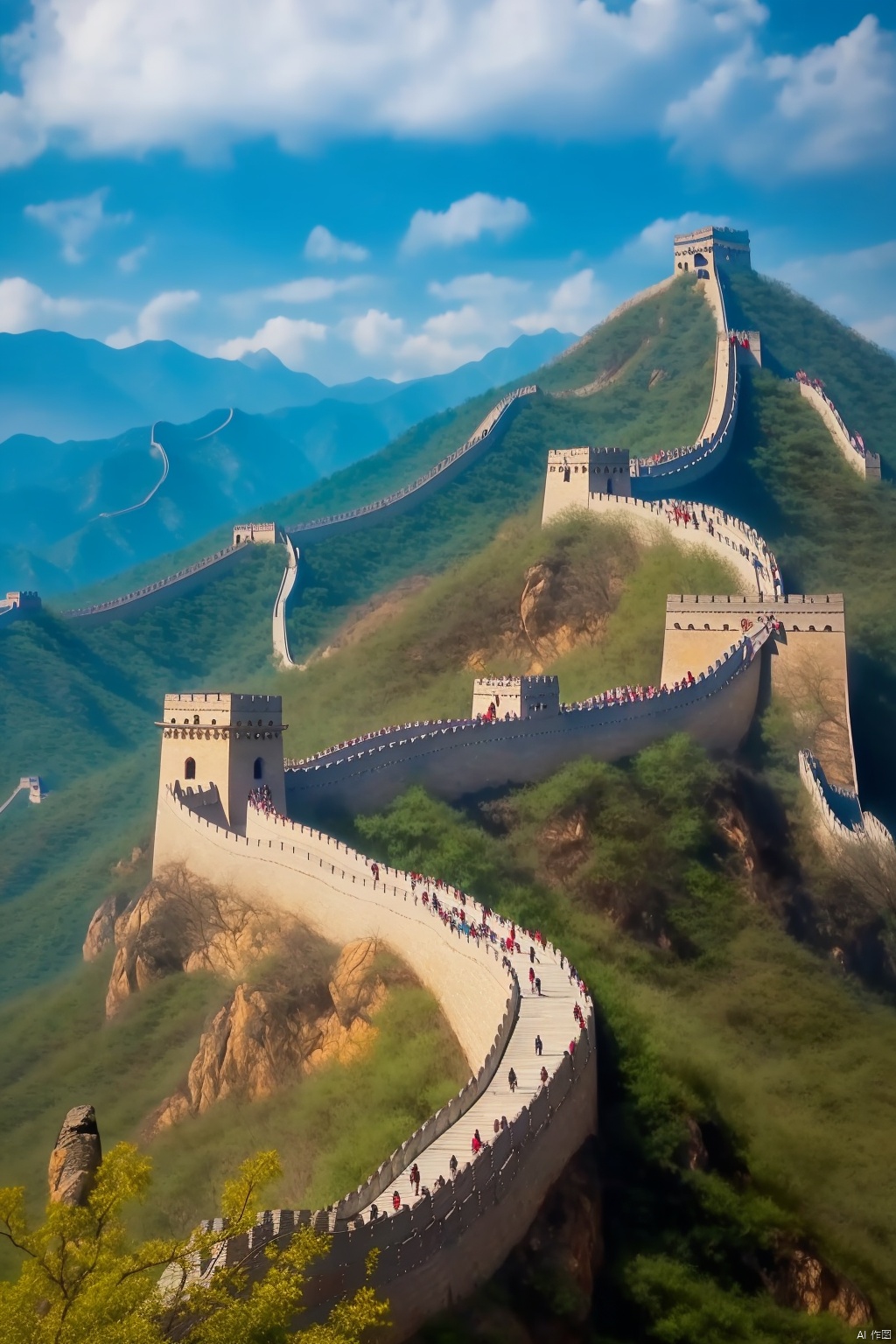  A breathtaking masterpiece featuring the stunning beauty of the Great Wall of China in an 8k resolution. The image showcases the intricate details and complexity of this ancient architectural wonder. The scene is bathed in vibrant colors, with a vibrant red dominating the composition, symbolizing the rich cultural heritage of China. Towering mountains serve as a majestic backdrop, accentuating the grandeur of the Great Wall. Lush trees dot the landscape, adding a touch of serenity to the scene. The sky is adorned with fluffy, white clouds, hinting at a calm and peaceful day. The image is rendered with the utmost precision and clarity, capturing every minutiae of the Great Wall and its surroundings. The scene is bathed in natural sunlight, casting a warm, golden glow on the entire composition, enhancing the overall visual appeal.

, Wide angle,hdr