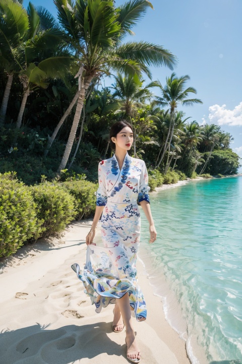  A beach vacation concept, with a model in a tropical resort setting, wearing a stylish swimsuit and a flowing beach cover-up. The backdrop includes palm trees, sandy beaches, and a clear blue sky, creating a sense of relaxation and luxury., china dress\(haihang\), greendesign, Ink painting, flowing skirts,Giant flowers,